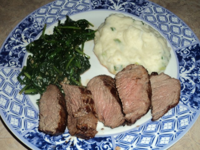 Soy-Glazed Steak with Wasabi Mashed Potatoes and Sesame Spinach